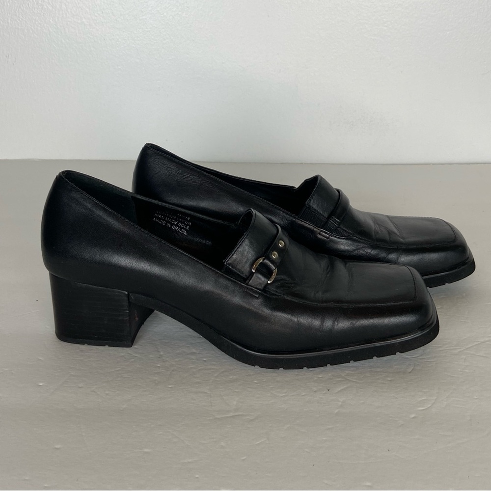 Etienne Aigner 90s Y2K Block Heels Loafers Size 7.5 M Black Career Retro Office